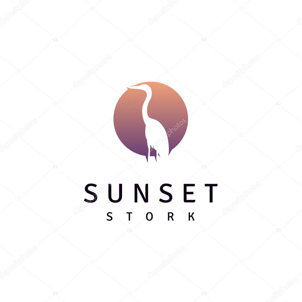 Stork Heron Bird on River lake Creek Sunset logo design