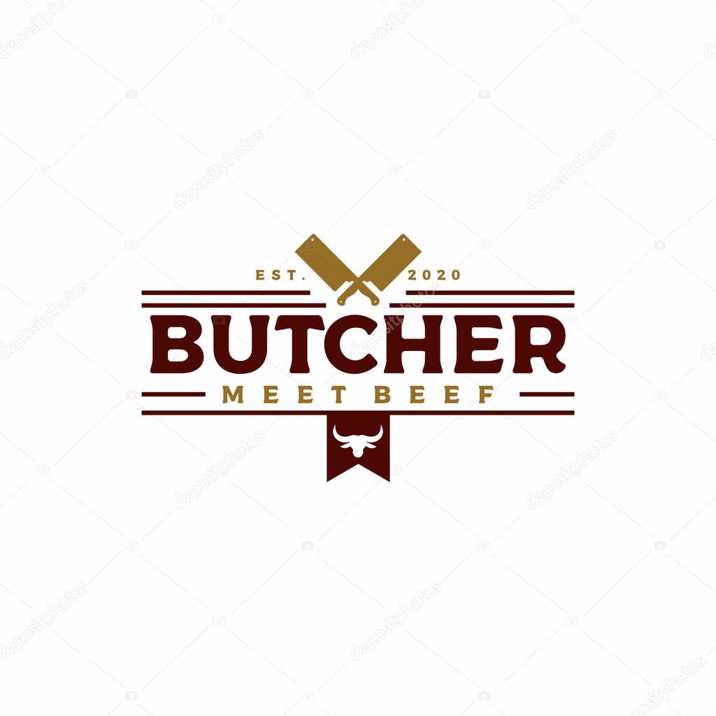Vintage Retro Crossed cleavers for Butcher shop label logo Design