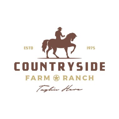 Vintage Retro Cowboy At Binen Siluet logo tasarımı çizimi