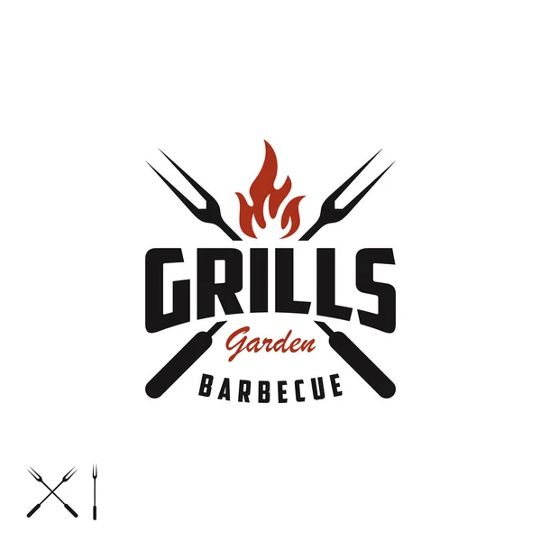 Retro Vintage Grill Con Horquilla Cruzada Llama Fuego Para Barbacoa — Vector de stock