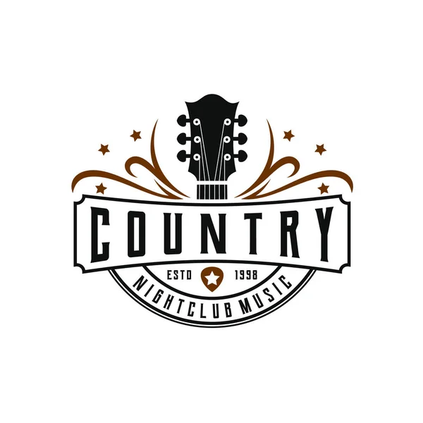 Klasik Country Müzik Logosu Gitar Vintage Retro Logo Tasarımı — Stok Vektör