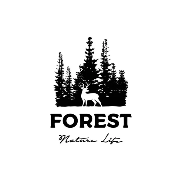 Deer Pine Cedar Spruce Fir Conifer Forest Silhouette Wilderness Adventure Stock Illustration