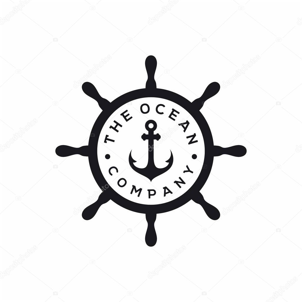 Steering Wheel with anchor for Boat Ship Yacht Compass Transport logo design