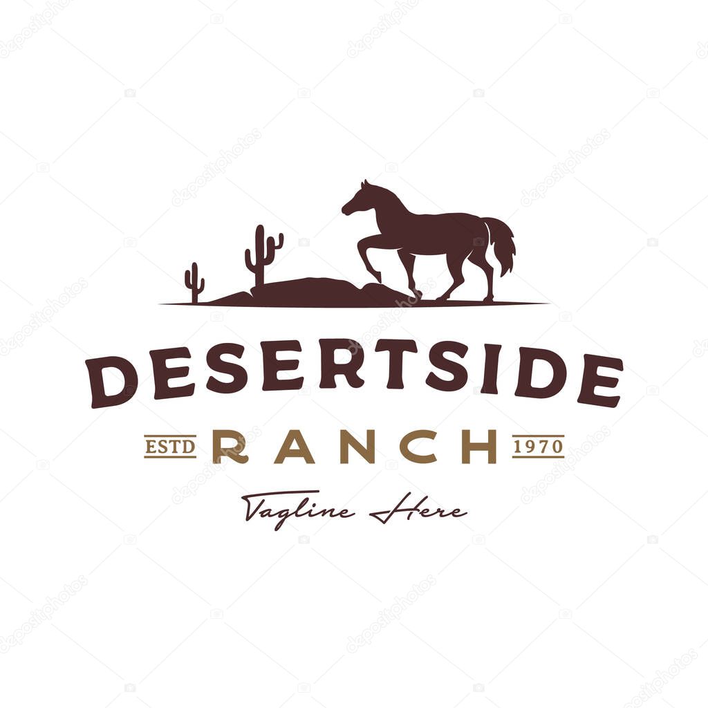 Horse silhouette in desert with cactus for vintage rustic retro rodeo countryside western country farm ranch logo design