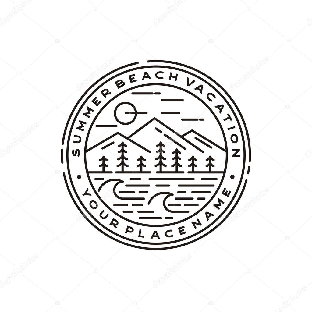 Mountain, Sea, Waves, pine tree and Sun for Hipster Adventure Travel logo design inspiration