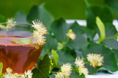 sıcak çay bir tencerede kireç kireç bir dalı ile yapılan