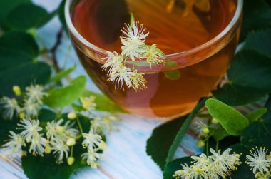 sıcak çay bir tencerede kireç kireç bir dalı ile yapılan