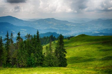 Ukrayna'da Karpat Dağları üzerinde yatay bir yaz gününde