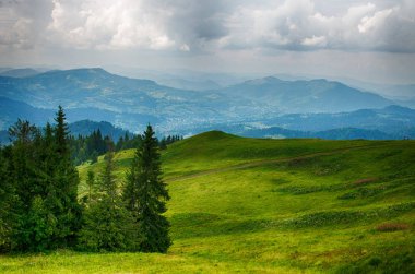 Ukrayna'da Karpat Dağları üzerinde yatay bir yaz gününde