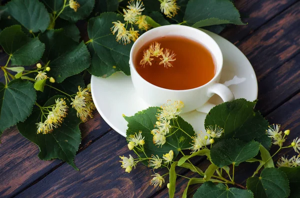 Aromatic Hot Linden Tea Cup Morning Relaxation Warming Fireplace Cold — Stock Photo, Image
