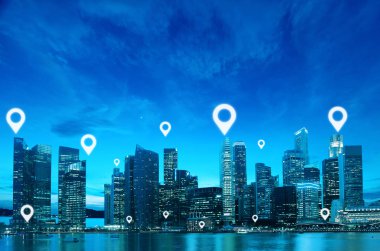 Konum veya harita PIN düz mavi tonu city scape ve ağ bağlantı kavramı üzerinde