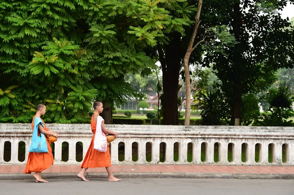 Nan, Tayland, 06 Ekim 2018: insanlar dua ve gıda teklifleri Wat Phumin Ekim sabah zamanında koymak yolda yürürken acemi keşiş alayı 06,2018 Nan ili, Tayland.