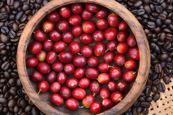 Frische Kaffeebohnen Holzschale Und Geröstete Kaffeebohnen Für Hintergrund — Stockfoto