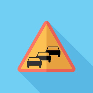  Trafik kuyrukları muhtemelen ileride bir simge. Yol işaretleri. Düz tasarım stili modern vektör çizimi. Renkli arka planda izole edilmiş. Düz, uzun gölge simgesi. Düz dizayndaki elementler.