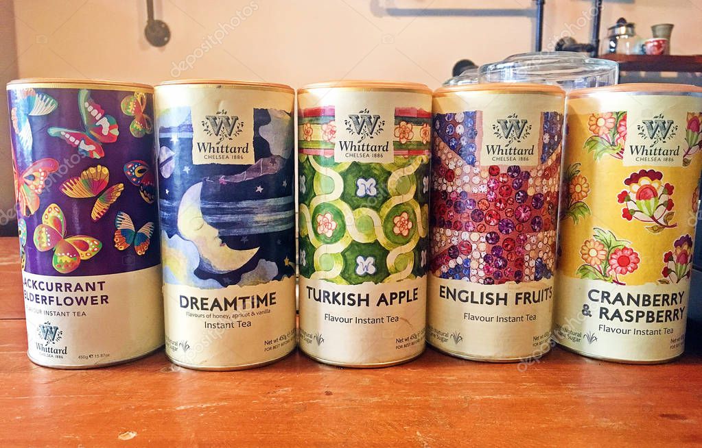 BANGKOK, THAILAND,- October 14, 2017: Colorful cans of Whittard Chelsea 1886 tea in variety favour both fruits and flowers