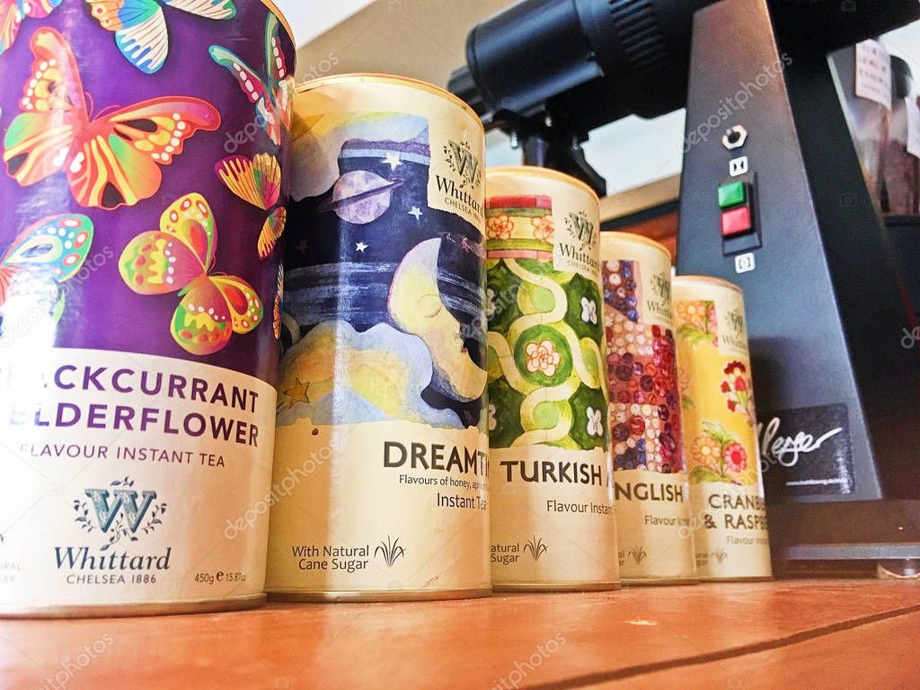 BANGKOK, THAILAND,- October 14, 2017: Colorful cans of Whittard Chelsea 1886 tea in variety favour both fruits and flowers