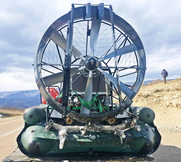 Big Fan Back Side Hovercraft Transporting Light Truck Land Lake — Stock Photo, Image