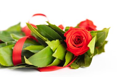 Yeşil yapraklardan ve kırmızı bantlı güllerden oluşan eski bir çelengin bir parçasını kapat. 