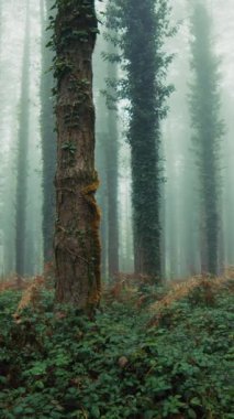 Enigmatik Orman Ağaç Gövdeleri Sonbahar Dağları 'nın Pusuyla Kaplanmış.