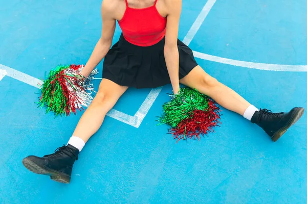  Mavi Tarlada Oturan Amigo Kız Pomponları Sallıyor. 