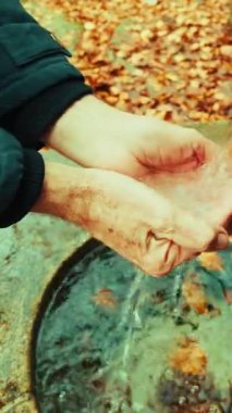 Sonbahar Dağları 'ndaki bir pınardan ferahlatıcı bir Mans Eller.