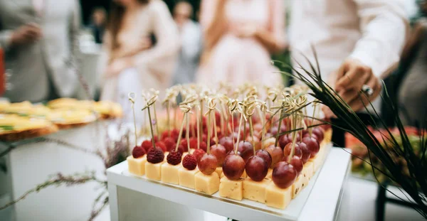 Mesa Banquete Catering Bellamente Decorada Con Aperitivos Aire Libre —  Fotos de Stock