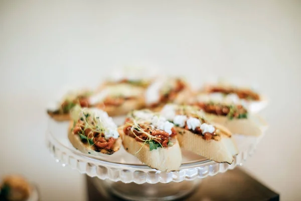 Deliciosa Mesa Casamento Definição Bruschettas — Fotografia de Stock