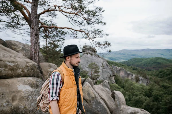 Portrait Young Hiker Backpack Mountains — Stock Photo, Image