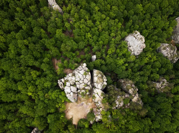 Vista Aérea Superior Drone Uma Rocha Solitária Floresta Verde — Fotografia de Stock
