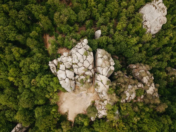 Top View Drone Cave City Mountain Green Forest Dovbush Rocks — Stock Photo, Image