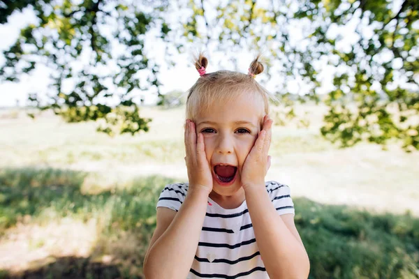 Anak Gadis Emosional Berteriak Dengan Kebahagiaan Taman Musim Panas — Stok Foto