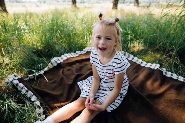 公園の茶色の毛布の上に座ってカメラを見て幸せな子供の女の子 — ストック写真