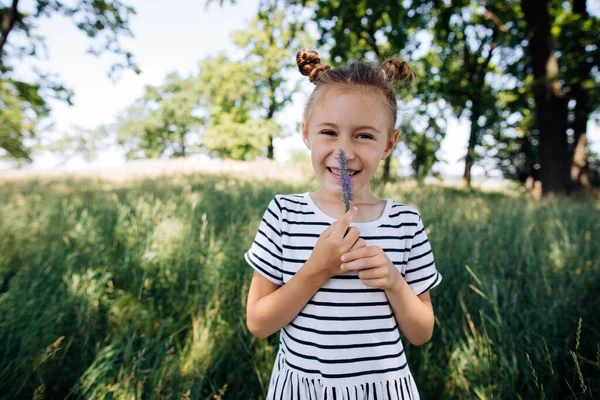 Gadis Kecil Dengan Bunga Biru Tangannya Taman Musim Panas Liburan — Stok Foto