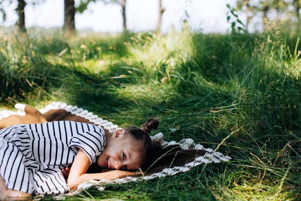 Gadis Kecil Yang Bahagia Berbaring Atas Selimut Antara Rumput Hijau — Stok Foto