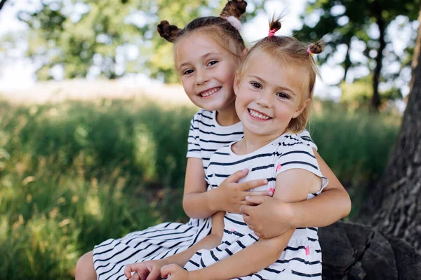 Hermana Abraza Hermana Menor Niños Felices —  Fotos de Stock