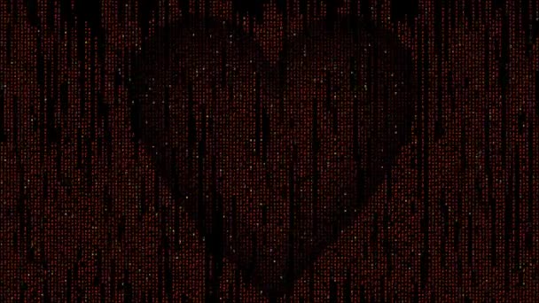 Corazón de código de matriz compuesto por caracteres brillantes parpadeando y parpadeando sobre fondo negro. Símbolo de amor inusual — Vídeo de stock