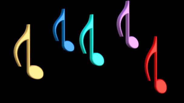 Bailando notas musicales multicolores. 3d notas musicales sobre fondo negro . — Vídeo de stock