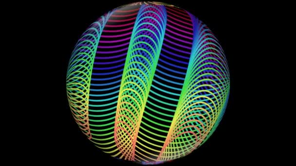 Sfera fluorescente al neon doodle, sfera arcobaleno rotante su sfondo nero, decorazione discoteca o discoteca . — Video Stock