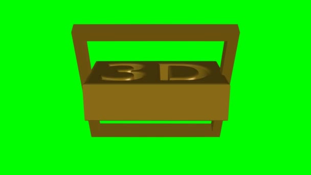 3d animation with 3d symbol cut out in golden cube. 3d box with letters rotating in golden frame. Intro for 3d film, cinema advertisement on green screen — Stock Video