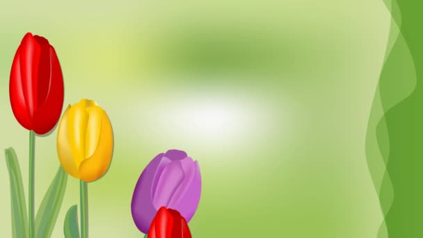 Mooie verjaardag banner met tulpen groeien op groene onscherpe achtergrond, geanimeerde inscriptie samengesteld uit groene letters, leuke groet animatie, heilwens partij beeldmateriaal — Stockvideo