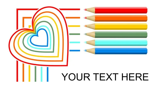 Multicolored crayons drawing lines and rainbow monoline heart, banner design on white background. Six pencils in red, orange, yellow, green, turquoise and blue — Stock Vector