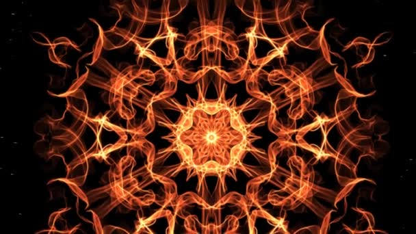 Fractal ardiente con destellos blancos, vídeo abstracto en naranja, rojo y amarillo, buena forma simétrica, zoom fractal vivo — Vídeo de stock