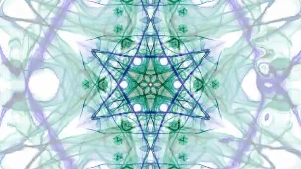 Green and blue watercolor symmetric star patterns in divergent and convergent tunnel motion, fractal on white background — Stock Video