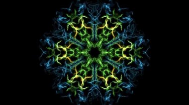 Fraktal canlı mandala yeşil, mavi ve sarı tasarımı, ince fırça desenleri siyah arka plan üzerinde döngü hareket, soyut görüntüleri