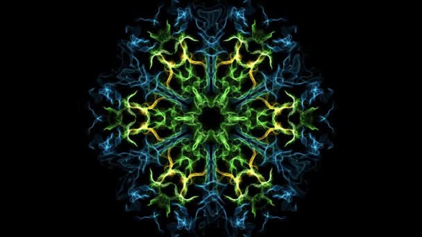 Fraktální živá mandala v zelené, modré a žluté designu, jemný štětec vzory na černém pozadí, smyčky pohybu, abstraktní záběr — Stock video