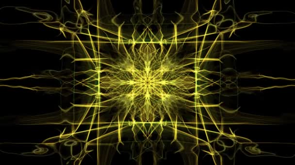 Amarillo ornamento fractal rectángulo animado sobre fondo negro. Rayos de energía en movimiento convergente — Vídeo de stock