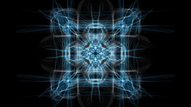 Witte en blauwe fractal vierkante ornament op zwarte achtergrond. Mooie symmetrische sieraad in langzame kalmerende beweging — Stockvideo