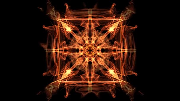 Fiery square fractal animated mandala, abstract video in orange, red and yellow, nice symmetric shape — Stock Video