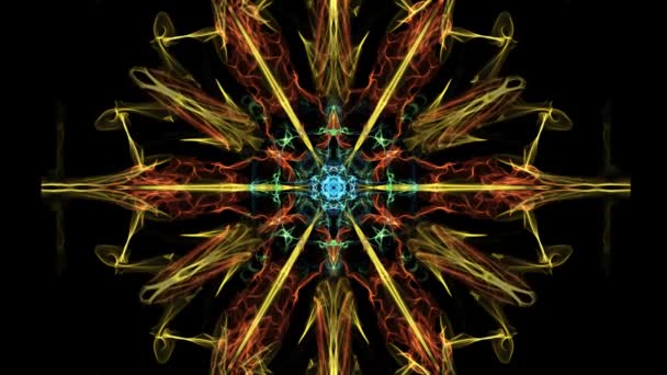 Mandala bonito fractal multicolorido, padrões simétricos em círculo, vermelho, amarelo, laranja, azul, raios verdes sobre fundo preto , — Vídeo de Stock