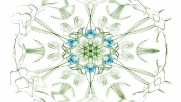 Green and blue watercolor symmetric star patterns with rotating area, fractal on white background — Stock Video